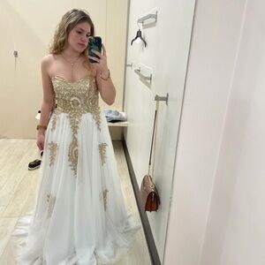 TLC Strapless White Gown with Gold Appliqué